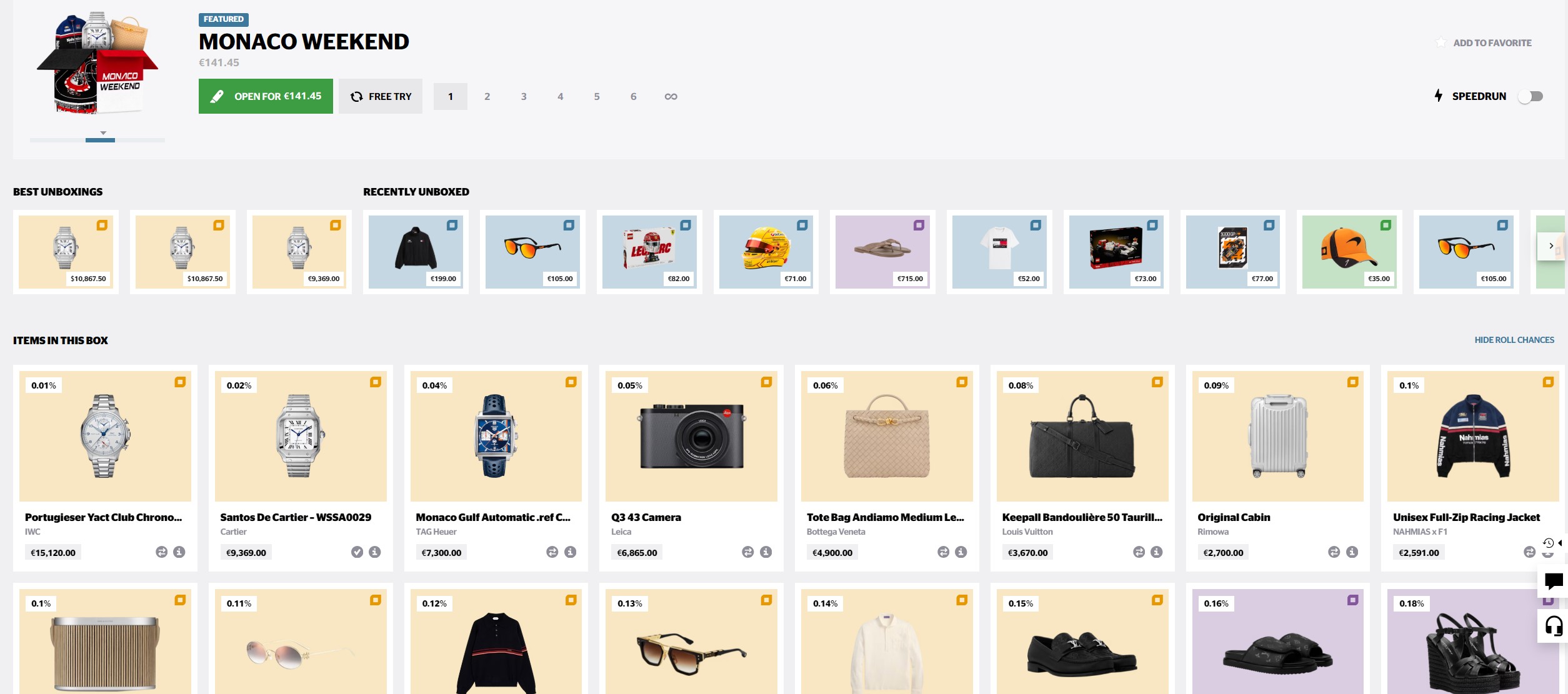 HypeDrop Monaco Weekend box at €141.45 with a Free Try button, an IWC Portugieser at €15,120 on 0.01 percent leading the items