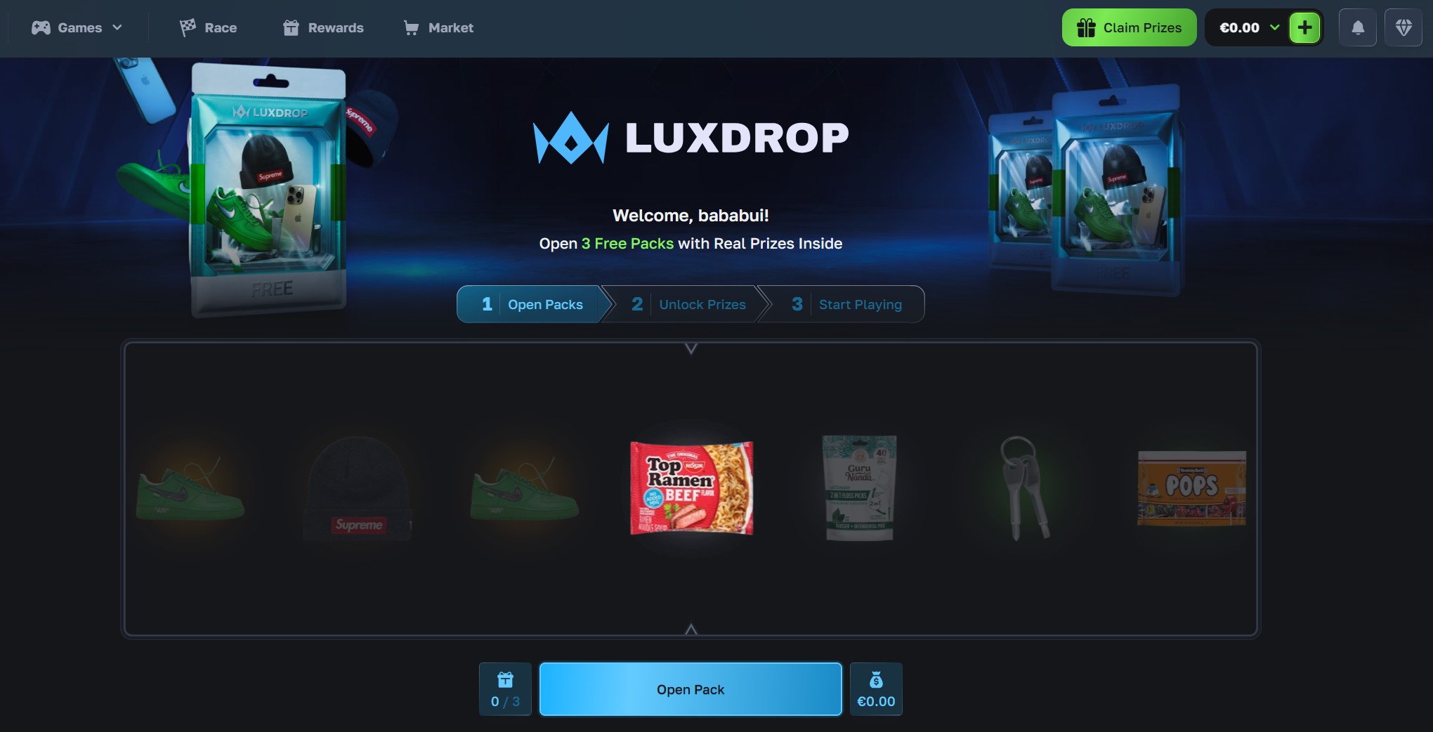 LuxDrop welcome screen with 3 free packs, sneakers and a beanie in the reel and an Open Pack button