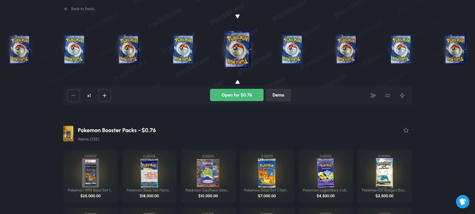 PackDraw Pokemon Booster Packs page at 0.76 dollars with per-item odds, the 1999 Base Set 1st Edition Charizard booster at 0.0001 percent, multi-open and Demo buttons