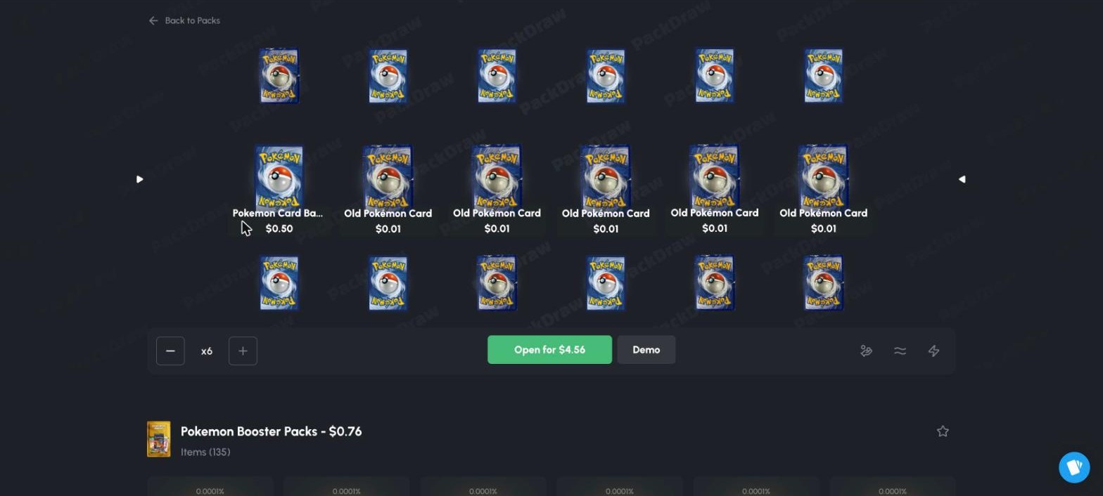 Six PackDraw Pokemon Booster Packs opened in our test for 4.56 dollars: one Pokemon Card Back worth 0.50 and five Old Pokemon Cards worth 0.01 each