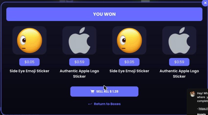 RillaBox 1 percent iPhone box opened four times in our test: two Side Eye Emoji stickers at 5 cents and two Apple logo stickers at 59 cents, sell all for 1.28 dollars