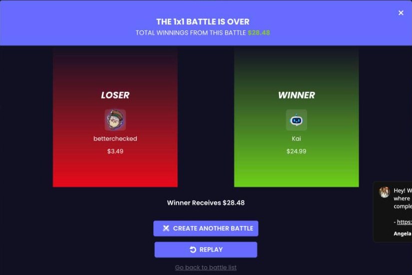 RillaBox 1v1 Terminal battle in our test: our 3.49 dollar sticker lost to bot Kai's 24.99 dollar Casio, winner receives 28.48 dollars