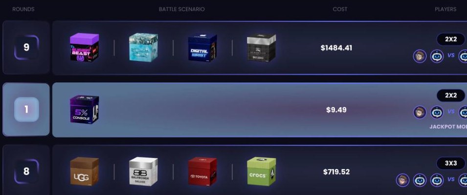 RillaBox battles lobby during our test: a 1,484 dollar 2v2 nine-round battle next to our 9.49 dollar 2v2 Jackpot and a 719 dollar 3v3