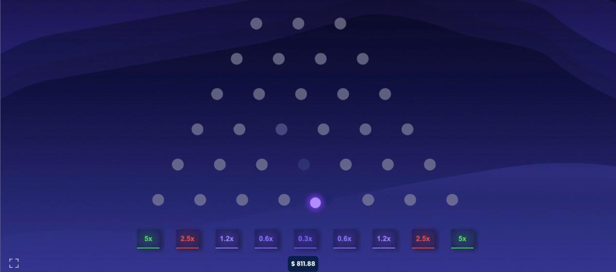 RillaBox plinko on Normal risk with 8 rows in our test: multipliers from 0.3x in the middle to 5x at the edges, one ball landing on 0.3x