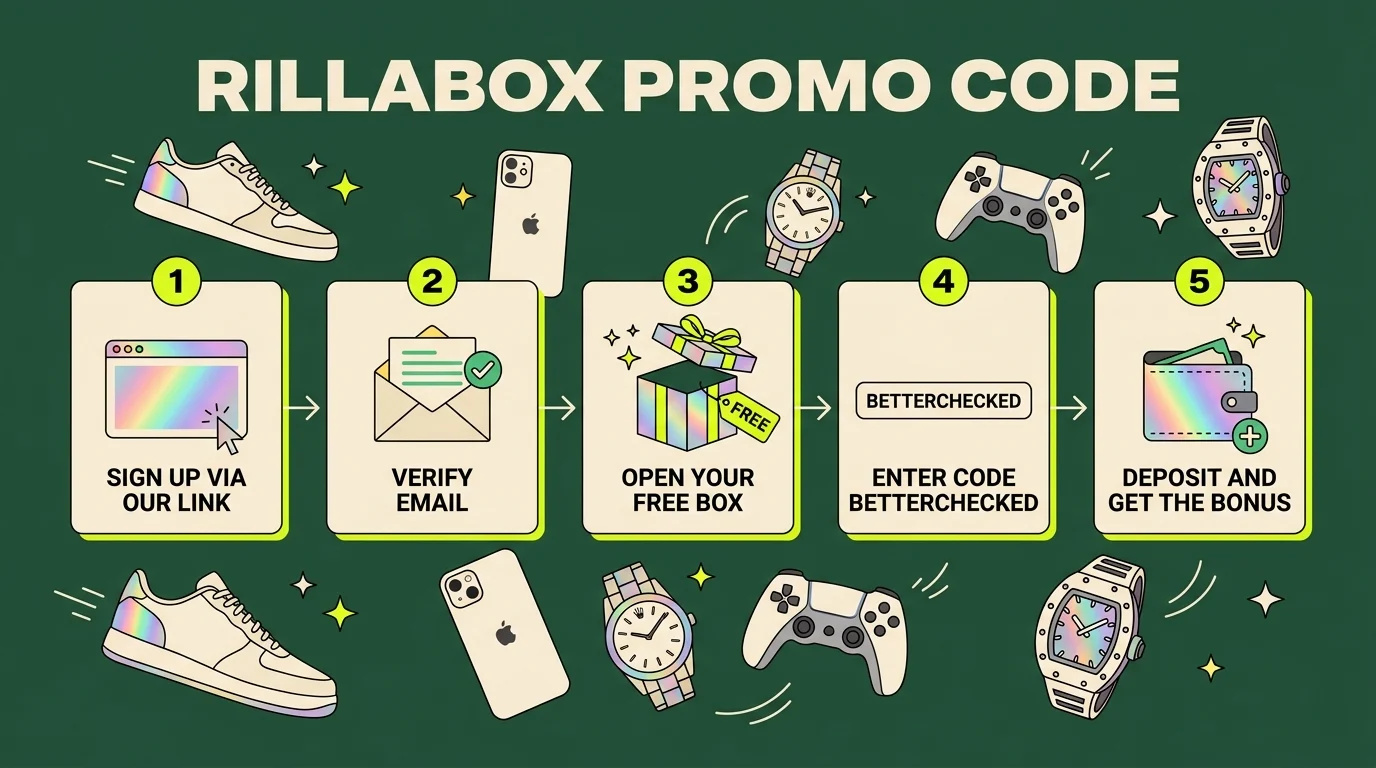 How to use a RillaBox promo code in five steps: sign up via our link, verify your email, open your free box, enter the code BETTERCHECKED, deposit and get the bonus, with sneakers, an iPhone, watches and a PlayStation controller around the steps