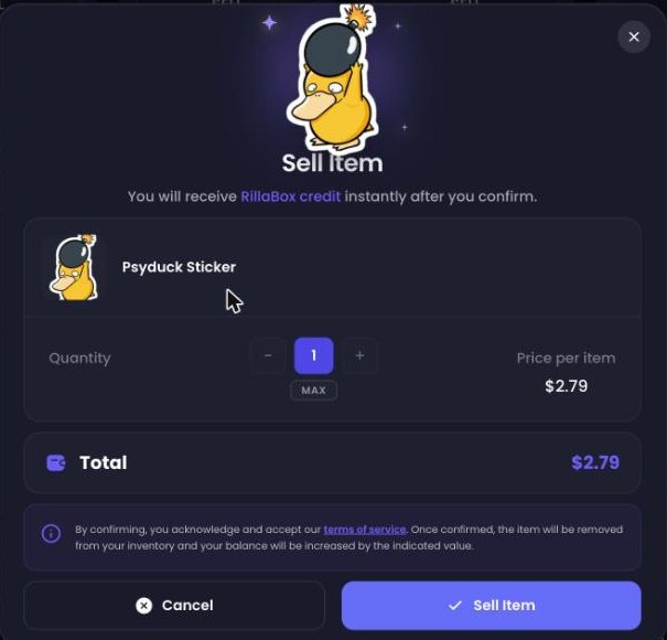 RillaBox sell item dialog in our test: Psyduck sticker sells for its full 2.79 dollar listed value as instant credit