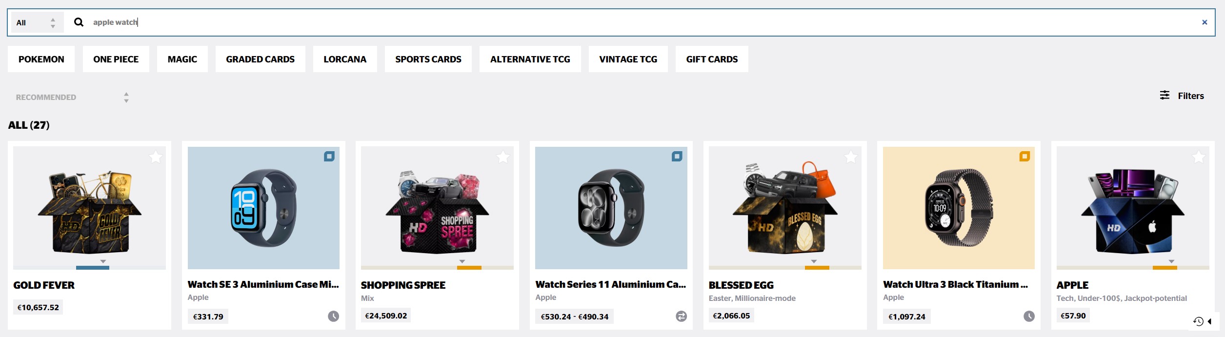 HypeDrop search for apple watch returning 27 boxes, from Apple at €57.90 and Watch SE 3 at €331.79 to Shopping Spree at €24,509.02
