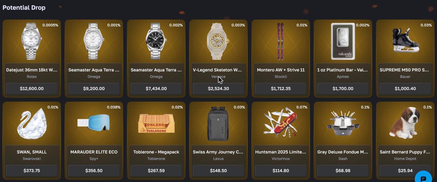 LuxDrop drop table of the 5% Swiss Made pack: Rolex Datejust 36mm $12,600 at 0.0005%, Omega Seamaster at 0.001%, down to a $25.94 plush at 0.1%