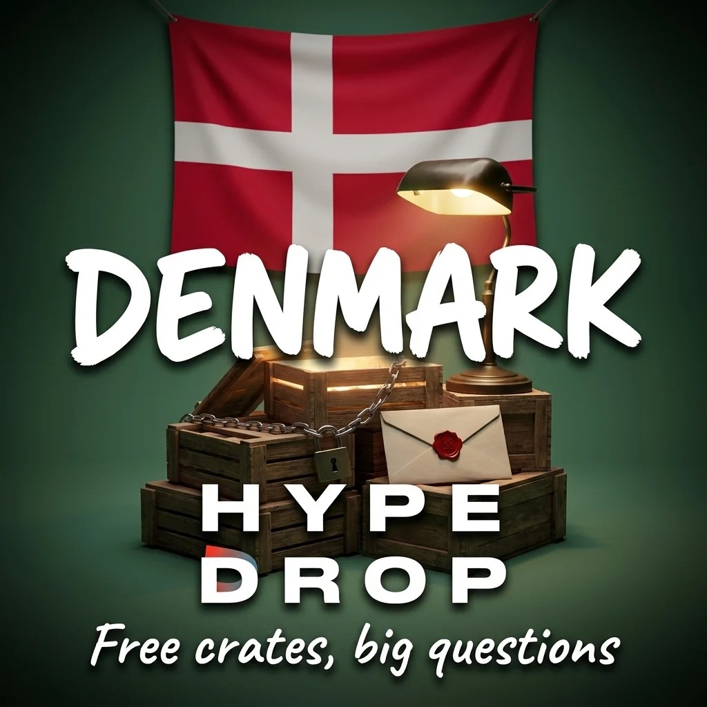 Danish flag hanging behind a stack of wooden daily crates with a sealed letter, a padlock and the HypeDrop logo, titled DENMARK, free crates, big questions