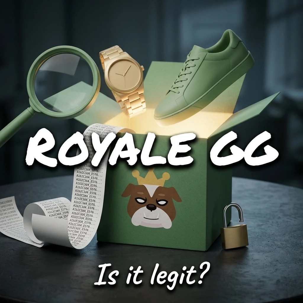 Royale GG, is it legit? An open green mystery box with the Royale bulldog logo, a gold watch and a sneaker rising out of it, a magnifying glass, a long receipt of seed characters and an open padlock