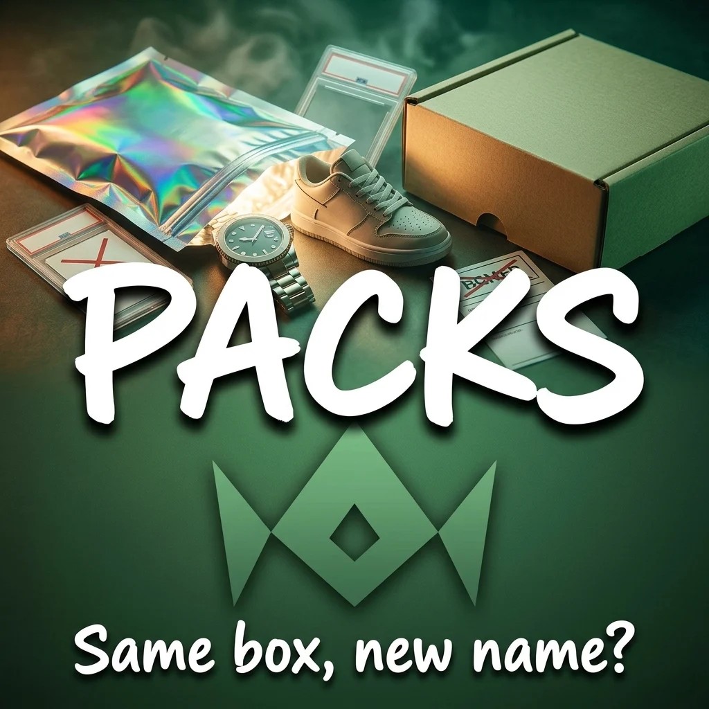 Holographic foil pack next to a plain cardboard mystery box with a sneaker, watch and card slab, titled PACKS, same box, new name?