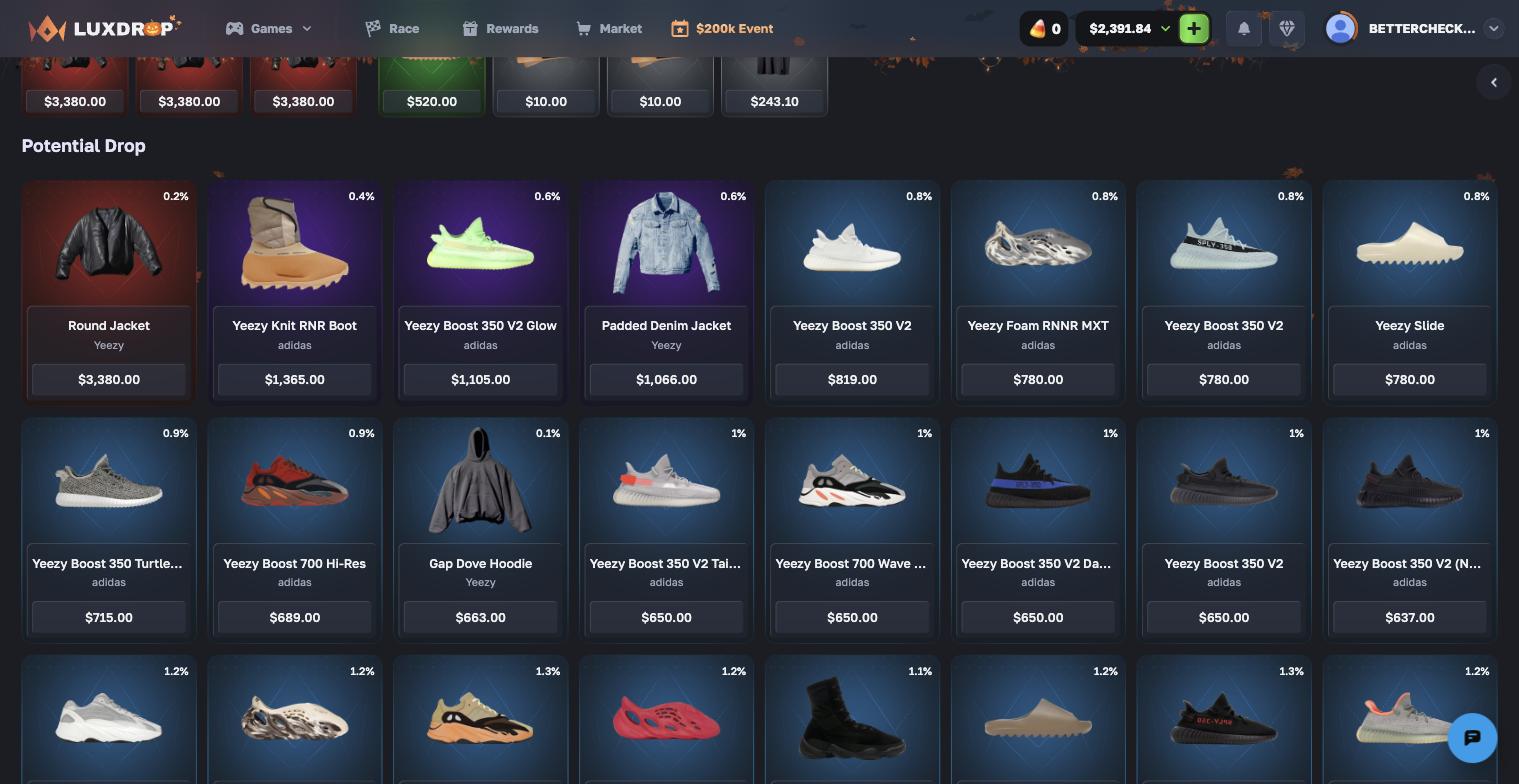 LuxDrop Yeezus pack drop table at $346.04 with the odds printed on every item, from a Round Jacket at $3,380 on 0.2% down to Yeezy pairs between $572 and $715 on 0.9% to 1.3%