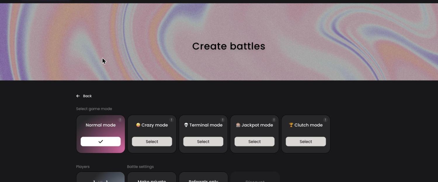 MetaDraw Create battles screen with the five modes Normal, Crazy, Terminal, Jackpot and Clutch