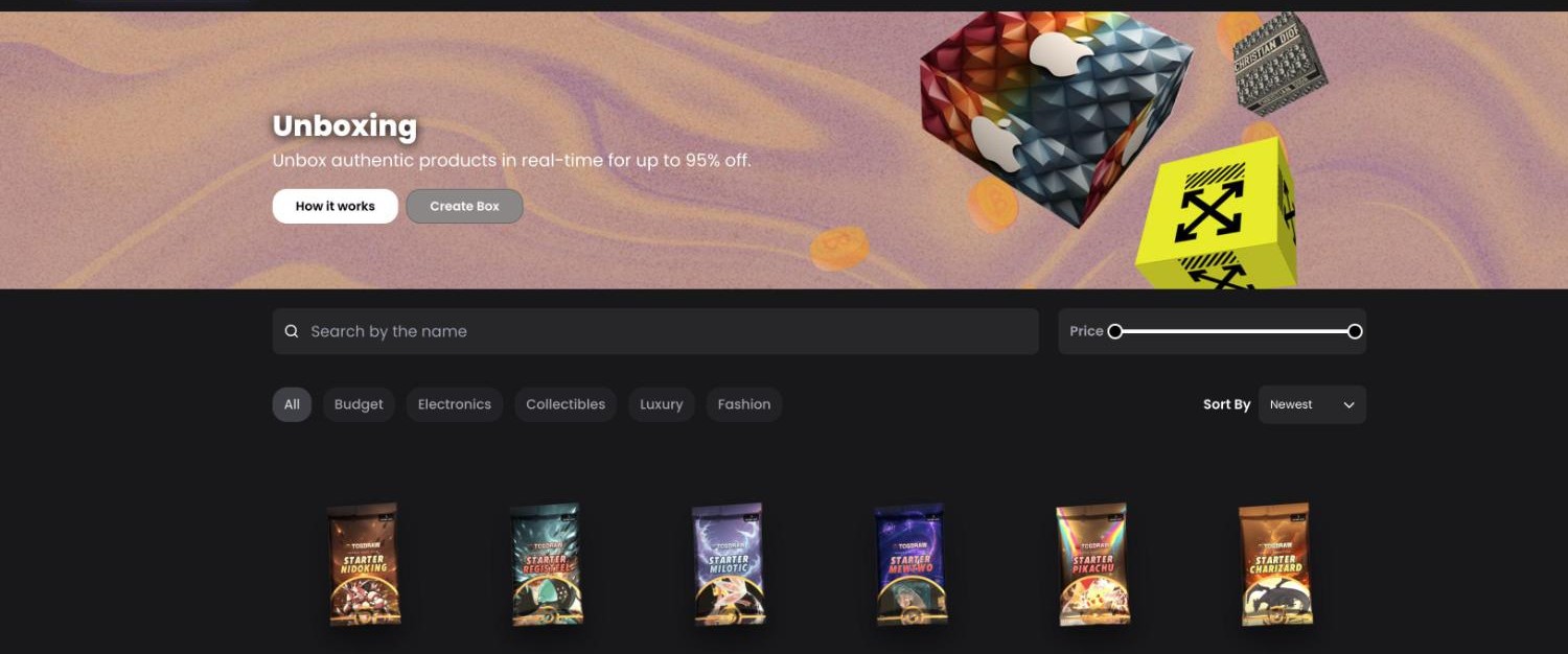 MetaDraw boxes page: the Unboxing banner claiming up to 95% off, search, Budget to Fashion filters and the row of Pokémon Starter packs