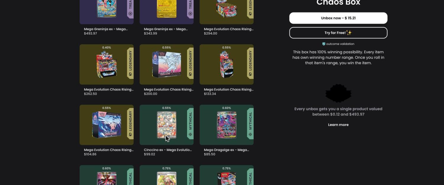 MetaDraw Chaos Box page at $15.21 with odds on every card, Mega Greninja ex at 0.30% and $493.97 down to $85.50, and the outcome validation badge