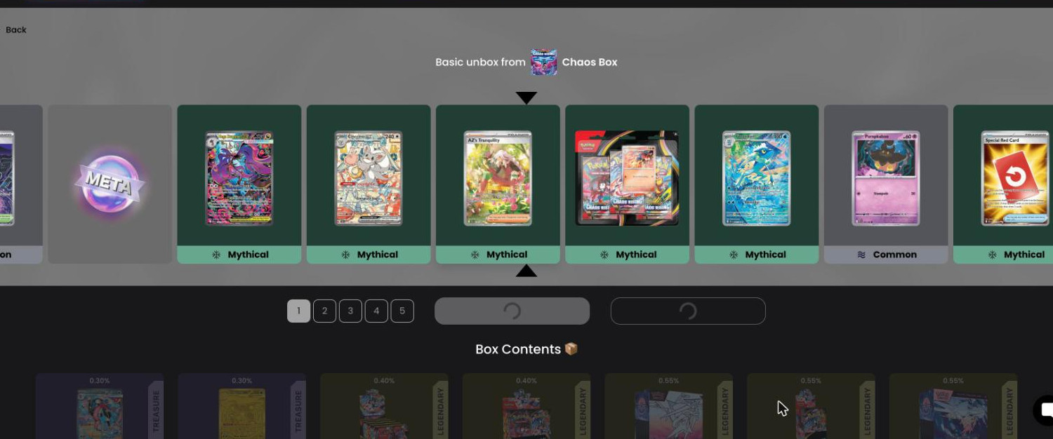 MetaDraw demo open of the Chaos Box: the reel of Mythical and Common cards above the Box Contents row with its Treasure and Legendary tiers