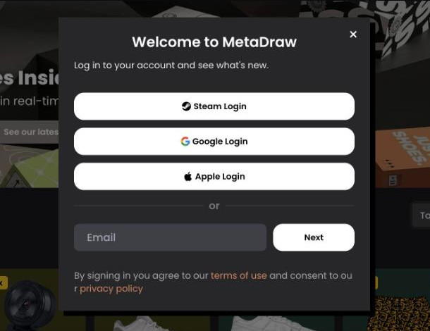 MetaDraw login modal with Steam, Google and Apple login or an email address and a Next button, no password field