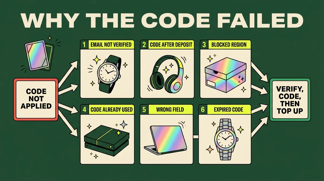 Infographic: a MetaDraw code that did not apply usually comes down to one of six causes, email not verified, code entered after the deposit, a blocked region, a code already used, the wrong field or an expired code, and the fix is verify, enter the code, then top up