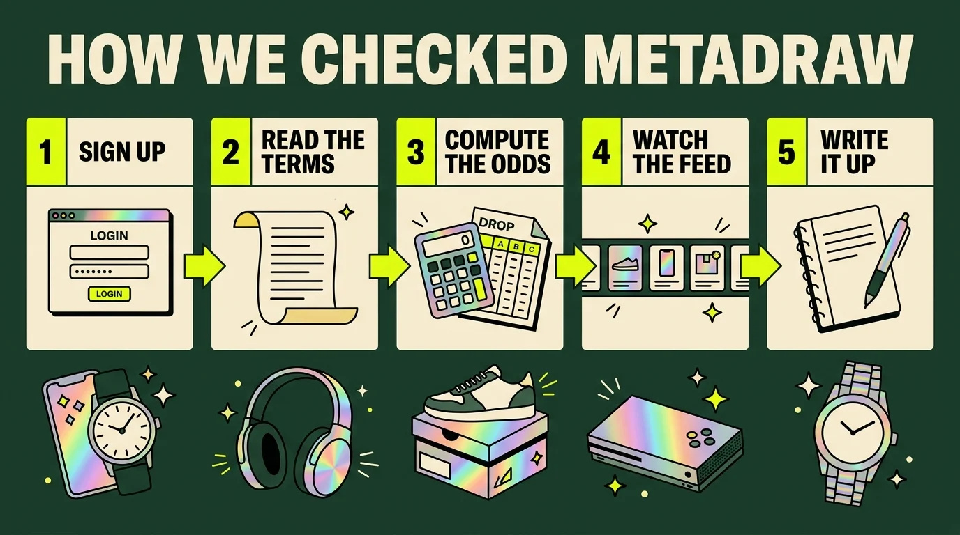 Infographic of how we checked MetaDraw in five steps: sign up, read the terms, compute the odds, watch the feed, write it up