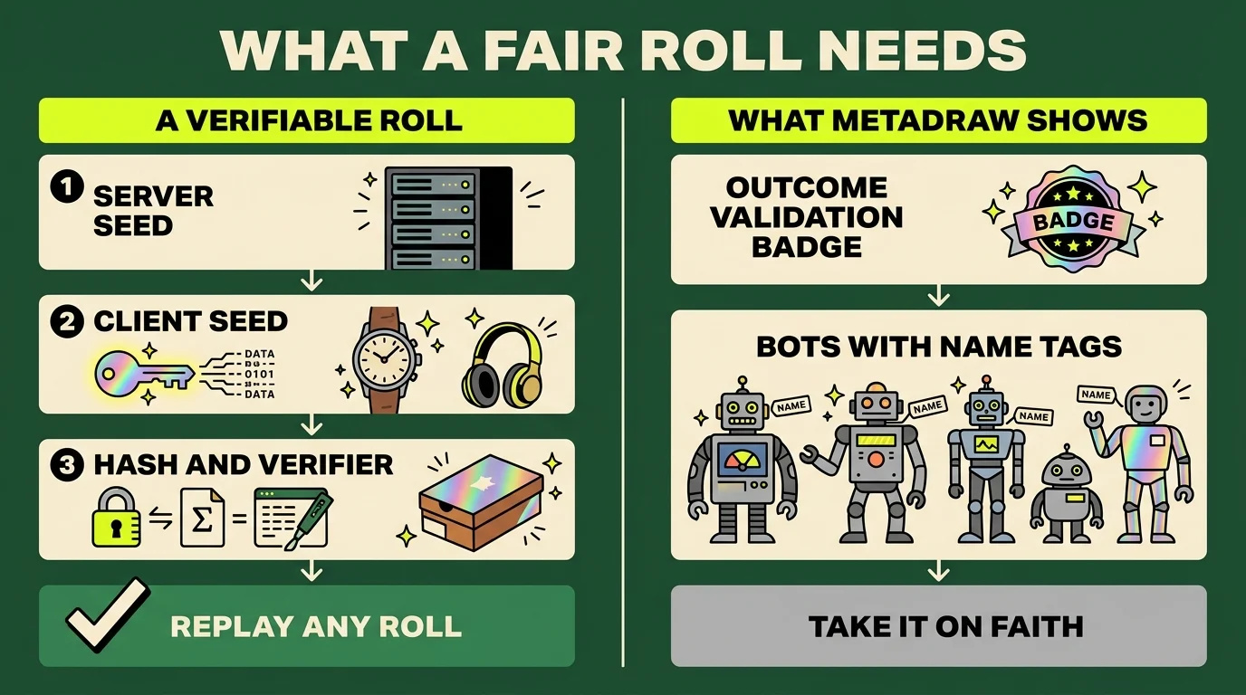 Infographic: a verifiable roll needs a server seed, a client seed and a hash with a verifier so you can replay any roll, while MetaDraw shows an outcome validation badge and bots with name tags, so you take it on faith