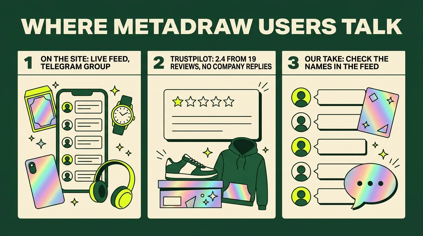 Infographic in three columns: where MetaDraw users talk, on the site in the live feed and the Telegram group; Trustpilot at 2.4 from 19 reviews with no company replies; our take, check the names in the feed
