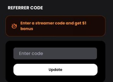 MetaDraw Referrer code box: Enter a streamer code and get $1 bonus, the Enter code field and the Update button