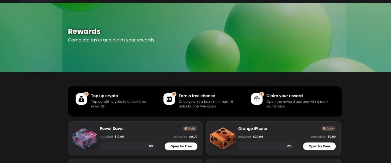 MetaDraw Rewards page: Top up crypto to unlock free rewards, the Power Saver box requires $10 deposited and Orange iPhone $20