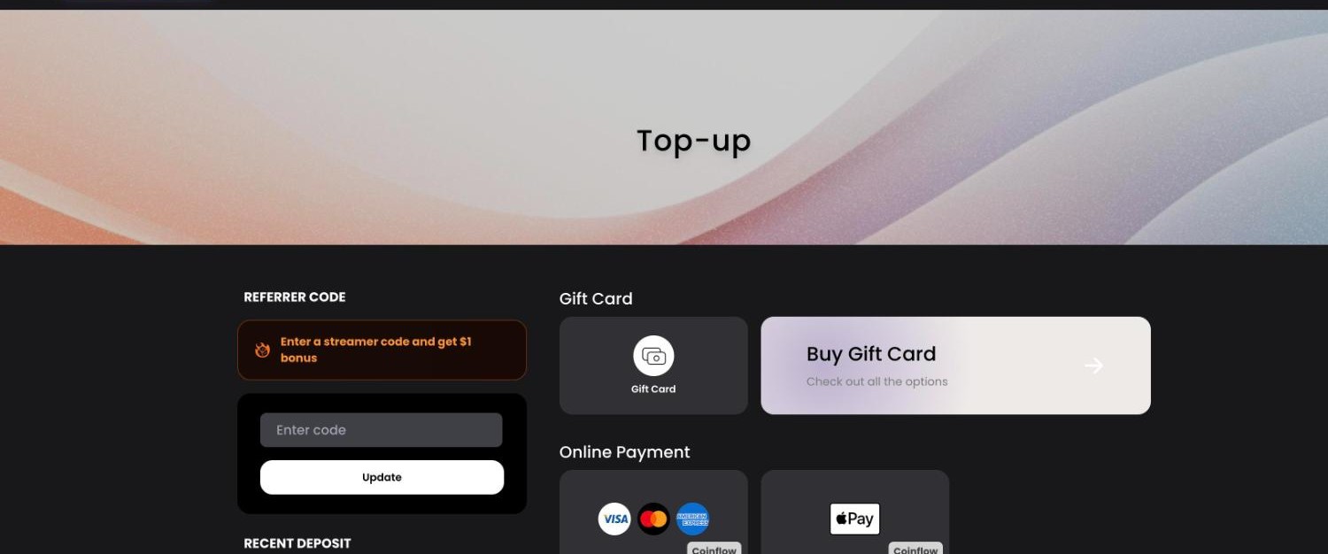 MetaDraw Top-up page with the Referrer code box offering a $1 bonus for a streamer code, next to Gift Card and Visa, Mastercard, Amex and Apple Pay