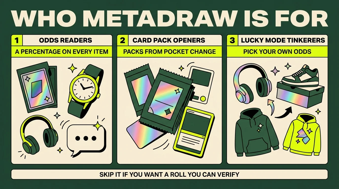 Infographic: who MetaDraw is for. Odds readers, a percentage on every item; card pack openers, packs from pocket change; Lucky mode tinkerers, pick your own odds. Skip it if you want a roll you can verify