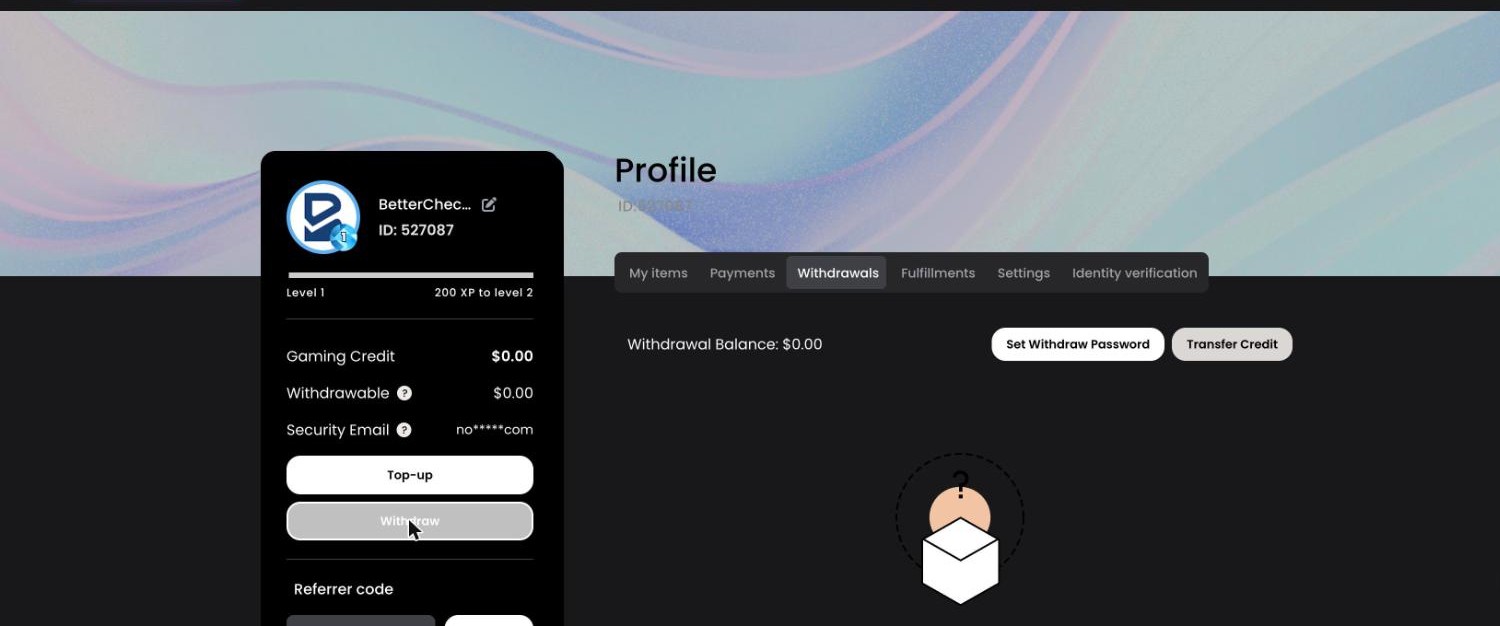 MetaDraw profile Withdrawals tab on our level 1 account: Gaming Credit $0.00, Withdrawable $0.00, Set Withdraw Password and Transfer Credit