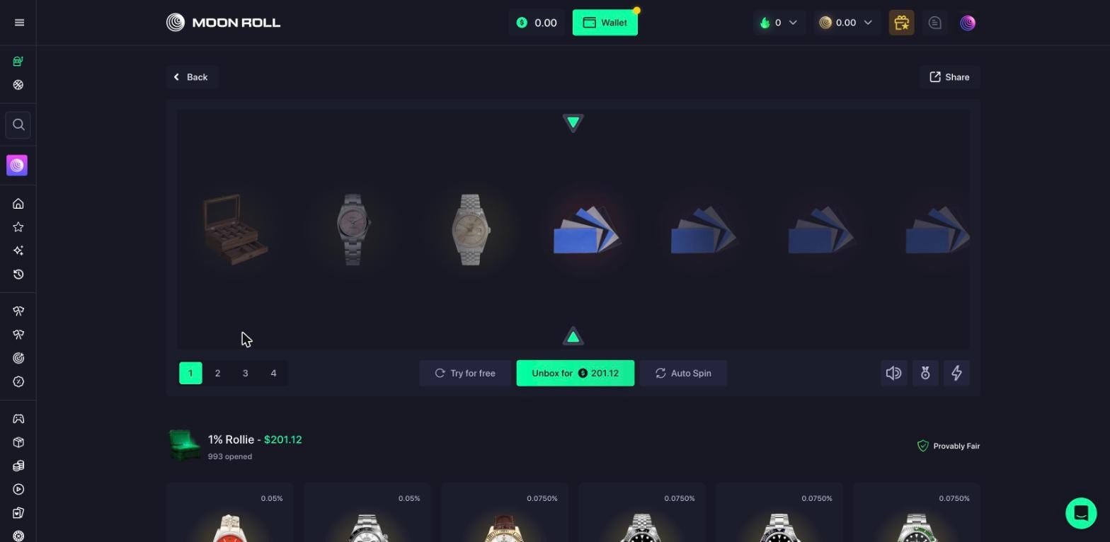 Moonroll 1% Rollie box page at $201.12 with 993 opens, the Provably Fair badge and Rolex items at 0.05% and 0.075%