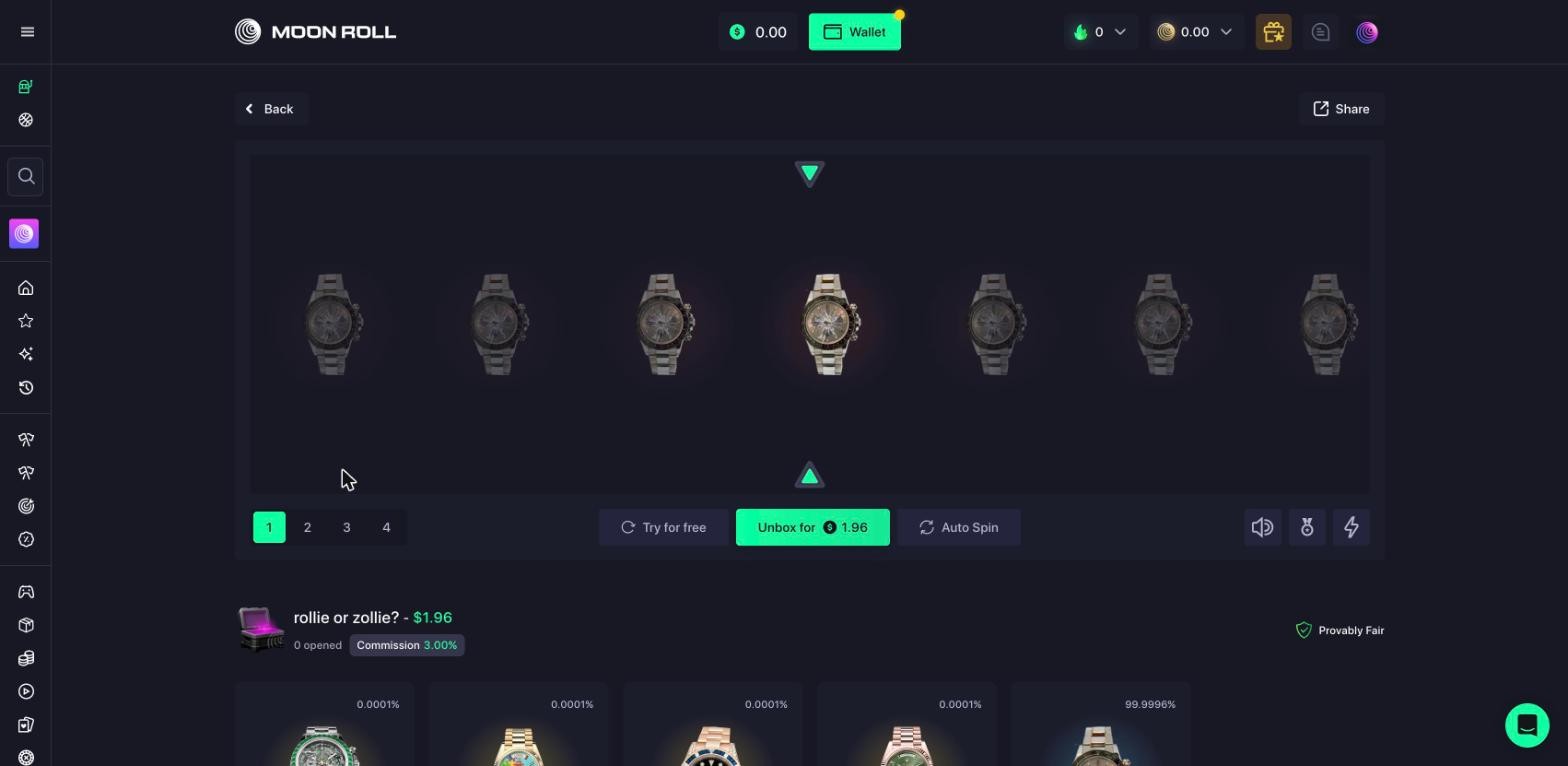 Moonroll community box rollie or zollie at $1.96 with 0 opens, 3% creator commission, four Rolexes at 0.0001% and a filler at 99.9996%