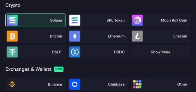 Moonroll deposit methods: Solana, SPL Token, Moon Roll Coin, Bitcoin, Ethereum, Litecoin, USDT, USDC and Show More, plus Binance, Coinbase and Other under Exchanges and Wallets