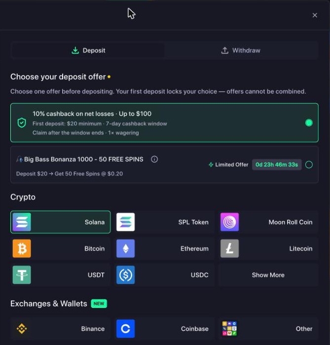 Moonroll wallet deposit tab: choose 10% cashback on net losses up to $100 or 50 free spins on Big Bass Bonanza 1000, crypto and exchange options below