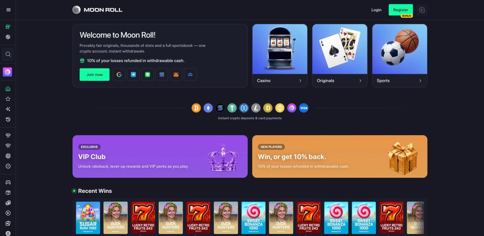 Moonroll homepage: Welcome to Moon Roll with slots, sportsbook and Originals tiles, a Win or get 10% back banner and a Recent Wins strip of slot games
