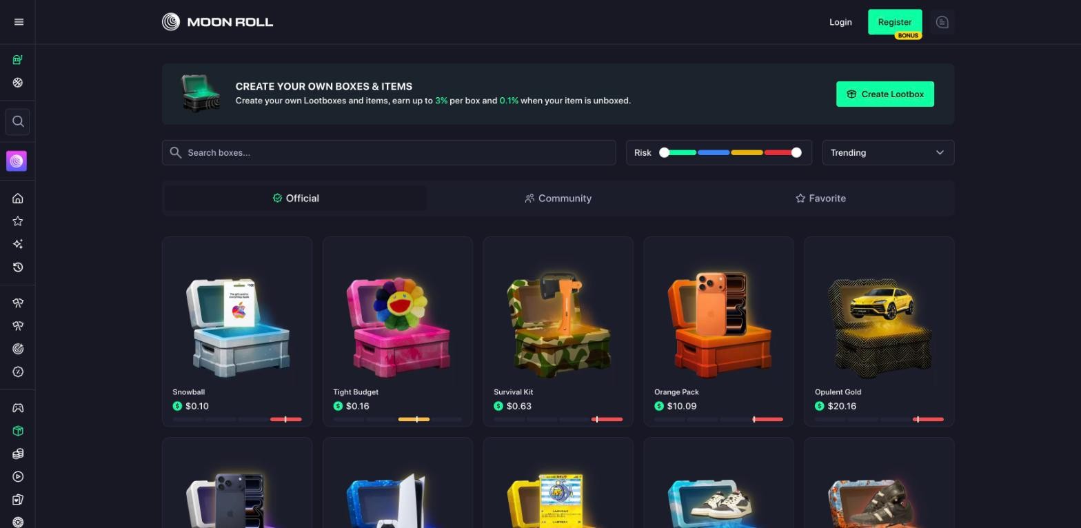 Moonroll official lootboxes shelf logged out: Create your own boxes banner, risk slider, Official, Community and Favorite tabs, Snowball, Tight Budget, Survival Kit, Orange Pack and Opulent Gold
