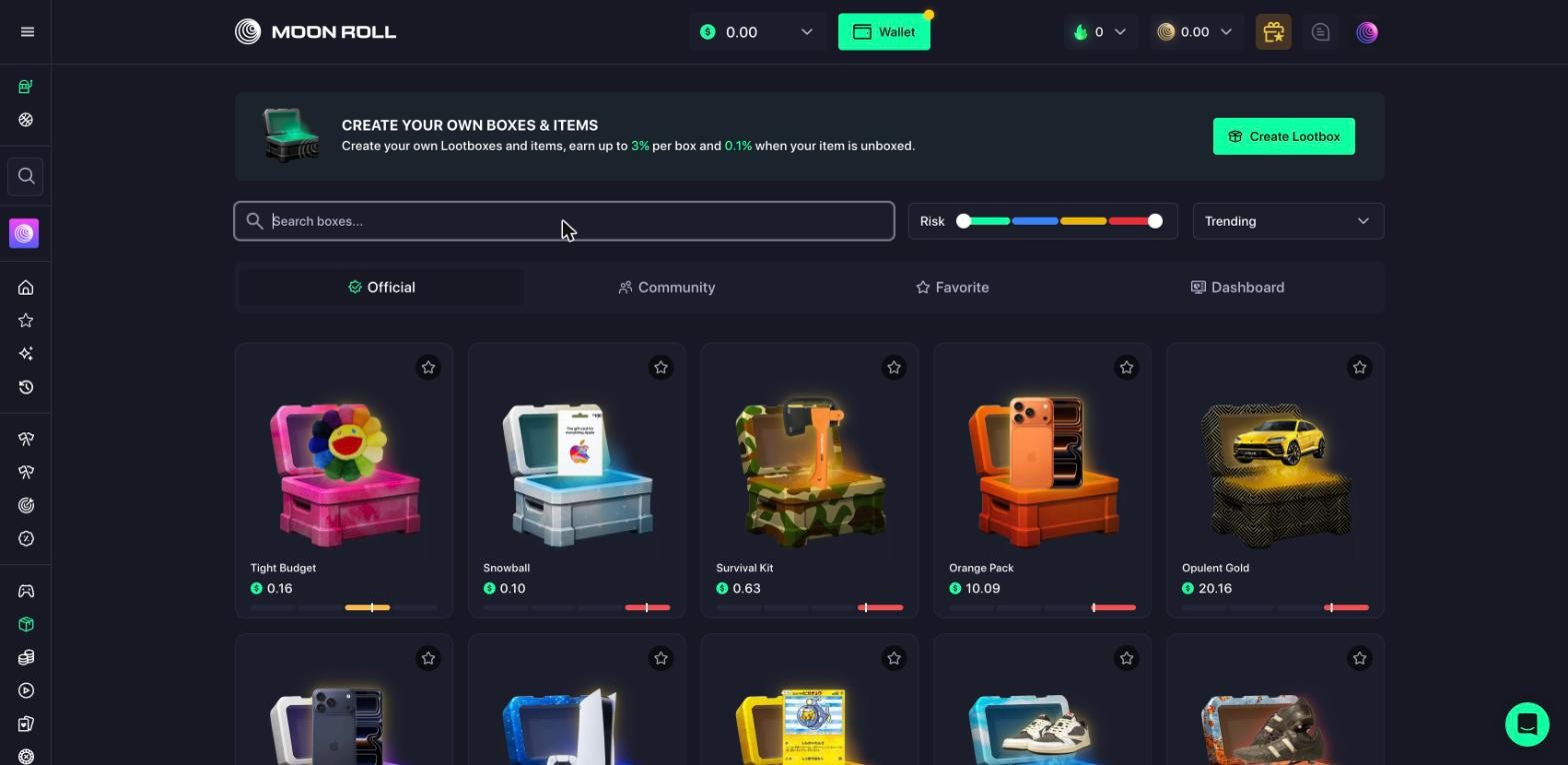Moonroll lootboxes page, Official tab: Tight Budget $0.16, Snowball $0.10, Survival Kit $0.63, Orange Pack $10.09 and Opulent Gold $20.16, with the risk slider and the Create Lootbox banner