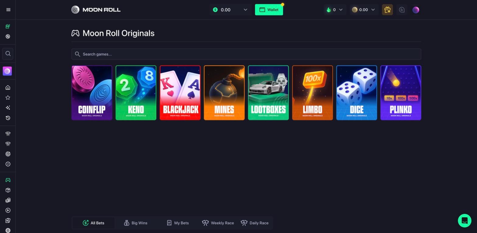 Moonroll Originals page: Coinflip, Keno, Blackjack, Mines, Lootboxes, Limbo, Dice and Plinko tiles side by side, our account at zero in the header