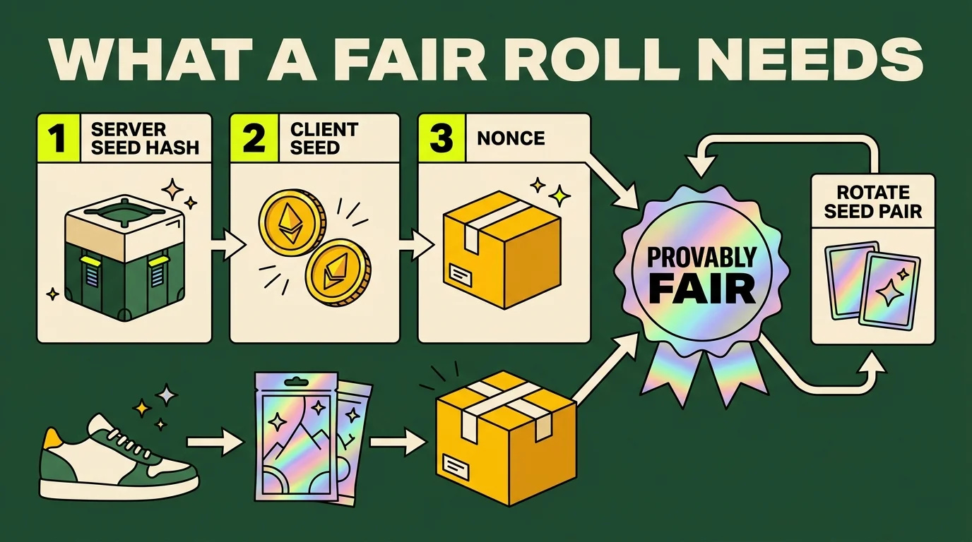 What a fair roll needs: server seed hash, client seed and nonce feed one provably fair badge, with a rotate seed pair control looping back to the start