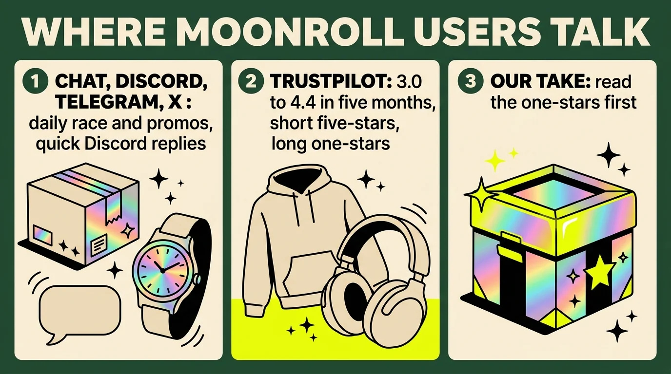 Where Moonroll users talk, in three columns: the site chat, Discord, Telegram and X (daily race and promos, quick Discord replies), Trustpilot (3.0 to 4.4 in five months, short five-stars, long one-stars) and our take (read the one-stars first)