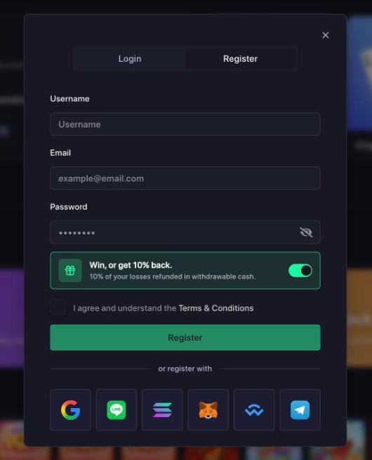Moonroll register modal: username, email, password, the Win or get 10% back toggle on by default, terms checkbox and Google, LINE, Solana, MetaMask, WalletConnect and Telegram buttons
