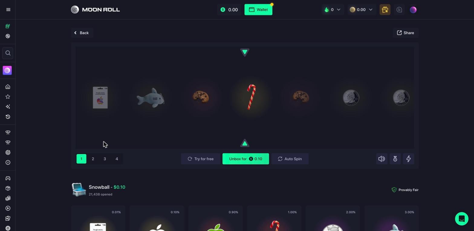 Moonroll Snowball box page at $0.10 with 21,438 opens, Try for free, 1 to 4 multi-open and Auto Spin, items from 0.01% to 3%