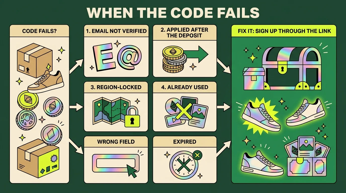 When a Moonroll code fails: six causes, email not verified, applied after the deposit, region-locked, already used, wrong field and expired, all leading to one fix, sign up through the link