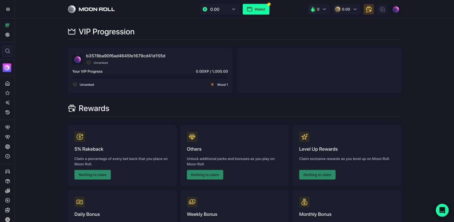 Moonroll VIP page: Unranked at 0 of 1,000 XP to Wood 1, 5% Rakeback, Level Up Rewards and daily, weekly and monthly bonus cards