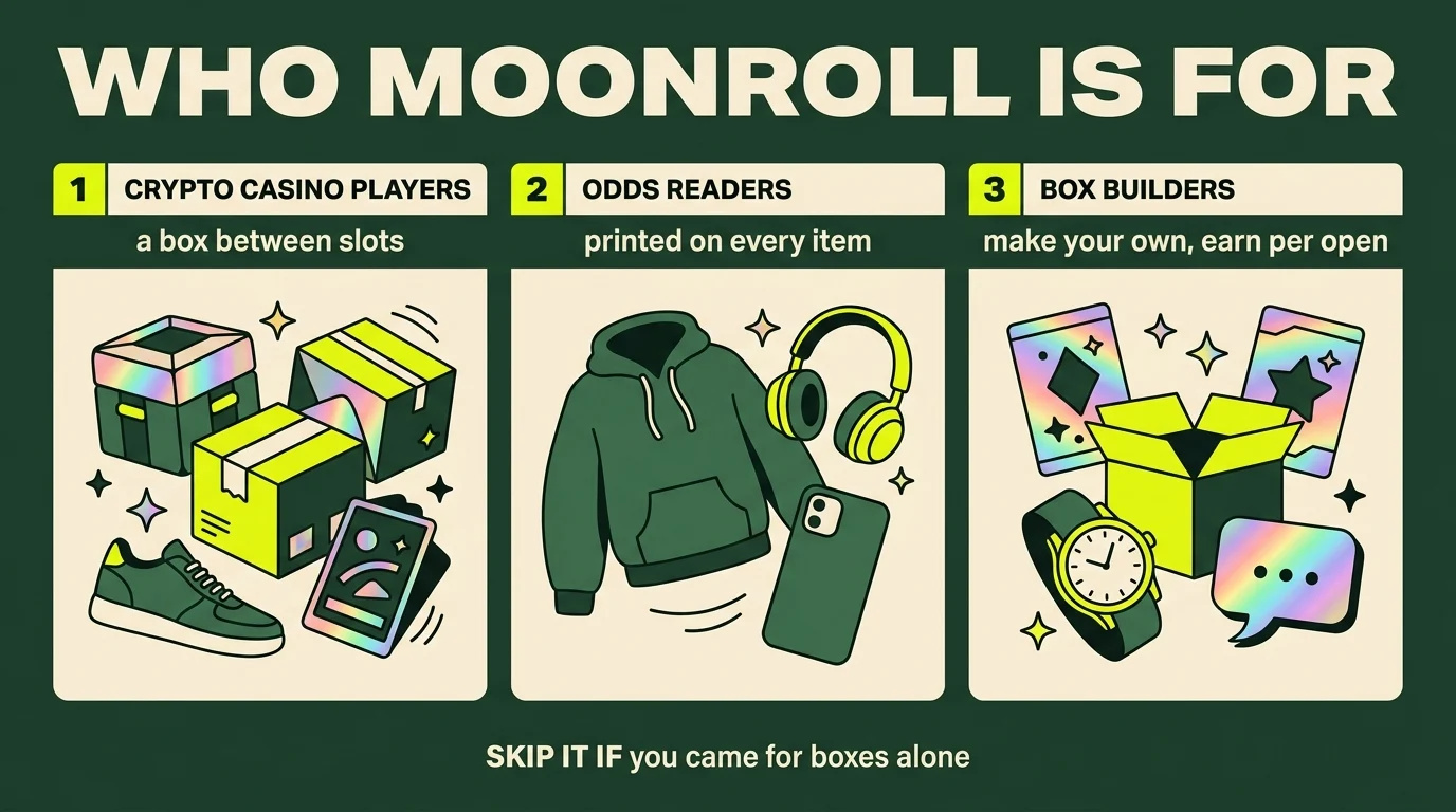 Who Moonroll is for, three panels: crypto casino players (a box between slots), odds readers (printed on every item), box builders (make your own, earn per open), and one bar below: skip it if you came for boxes alone