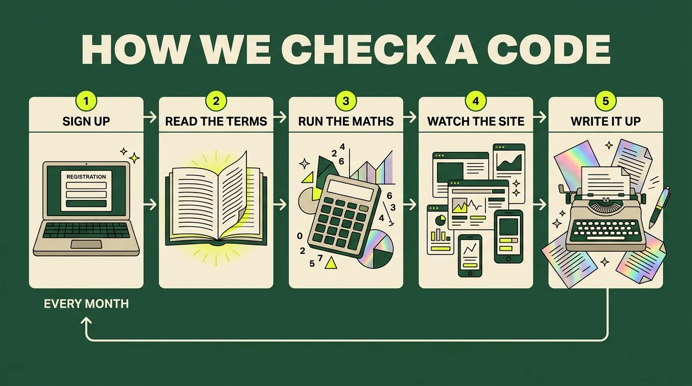 How we check a code: sign up, read the terms, run the maths, watch the site, write it up, repeated every month