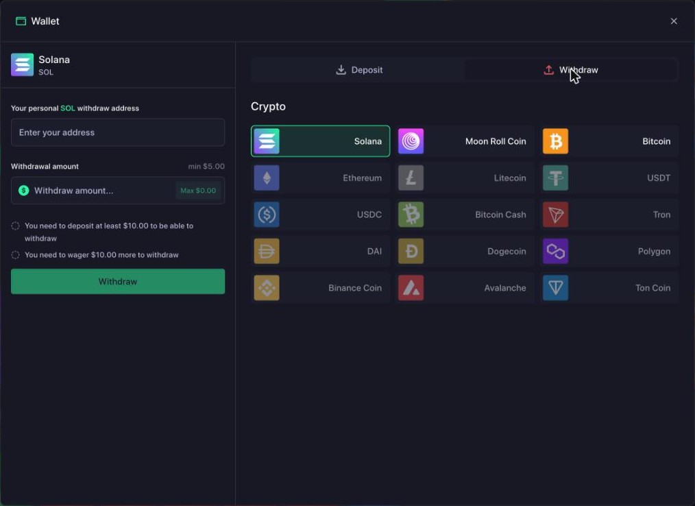 Moonroll wallet withdraw tab: minimum $5, deposit $10 and wager $10 before withdrawing, Solana, Moon Roll Coin and Bitcoin available, twelve coins greyed out