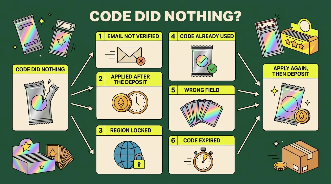 Packy.gg promo code did nothing? Six causes fan out from the failed code, email not verified, applied after the deposit, region locked, code already used, wrong field, code expired, and all six lead back to one fix: apply again, then deposit.
