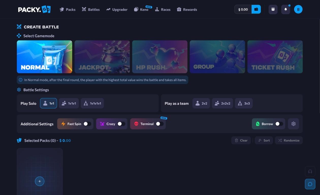 Packy.gg create battle screen with the five modes Normal, Jackpot, HP Rush, Group and Ticket Rush, solo 1v1 to 1v1v1v1, teams 2v2 to 3v3 and the Fast Spin, Crazy, Terminal and Borrow toggles