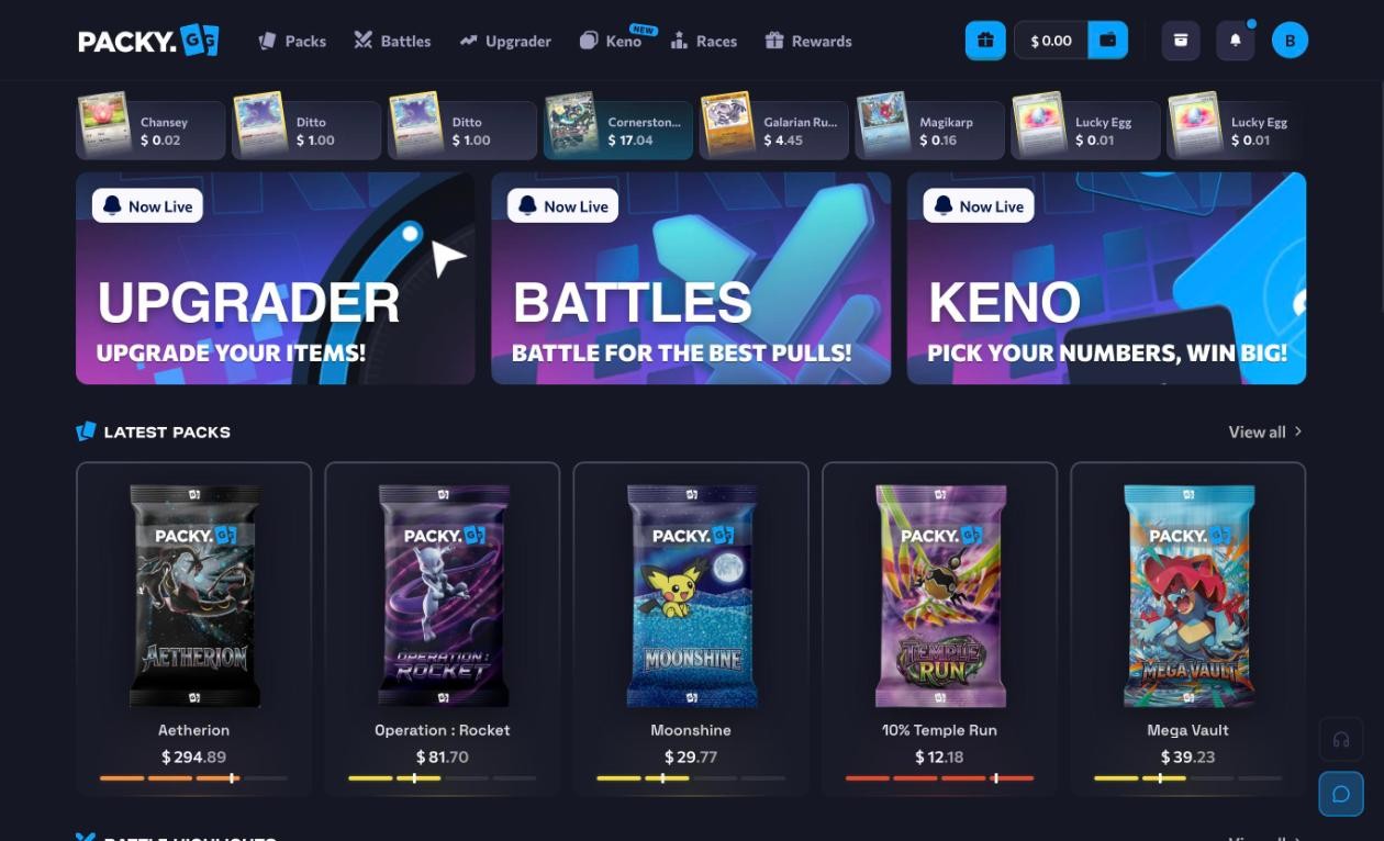 Packy.gg home after login: the latest packs shelf with Aetherion, Operation Rocket, Moonshine, Temple Run and Mega Vault, and the Upgrader, Battles and Keno banners